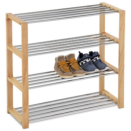 83168-14 NAT - Botník, 4 kovové chrómované police, masív kaučukovník, prírodný odtieň a lak, no