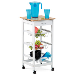 DR-043 - Servírovací stolík / regál, doska masív bambus, MDF, biely matný lak, pojazd