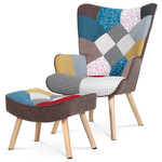 AK-305 PW2 - Kreslo "ušiak" s podnožkou, poťah patchwork látka, nohy masív kaučukovník