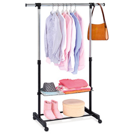 ABD-1216 BK - Stojan na šaty s odkladačom a poličkou, čierna farba, kov / plast, chróm