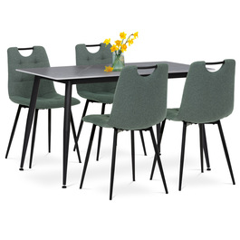 ASE-1001 GRN2 - Jedálenský set 1+4, stôl 130x70, doska spekaný kameň v imitácii šedého matného mramoru, stolička zelená látka, madlo čierny lak