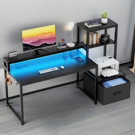 Herný stôl s regálom a LED osvetlením ROFEL, farba čierna