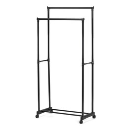 GD-164 BK - Stojan na šaty dvojramenný s odkladačom na topánky, čierna farba, kov/plast, chróm