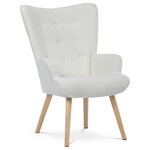 AK-309 WT2 - Kreslo "ušiak", poťah biela látka bouclé, nohy masív kaučukovník