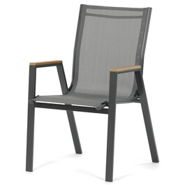 AZC-S1050 GREY - Stolička záhradný šedý textilen, šedá kovová konštrukcia, podrúčky polywood v dekore duba