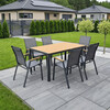 AZC-S1050 GREY - Stolička záhradný šedý textilen, šedá kovová konštrukcia, podrúčky polywood v dekore duba