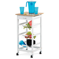 DR-043 - Servírovací stolík / regál, doska masív bambus, MDF, biely matný lak, pojazd