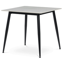 HT-398M WT - Stôl jedálenský 80x80 cm, keramická doska biely mramor, čierne kovové nohy